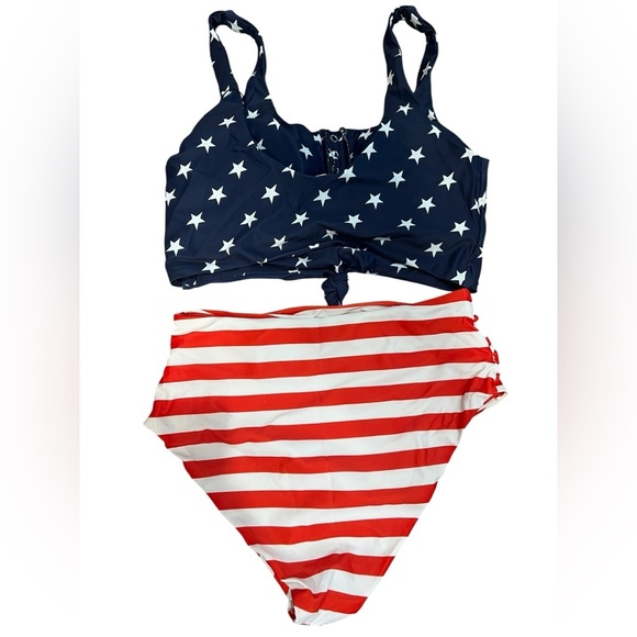 Patriotic High-Waisted Bikini Stars and Stripes 2-Piece Swimsuit Womens Medium - Picture 2 of 3